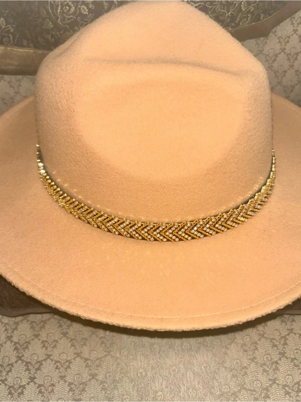 Beige Wide-Brim Fedora Hat with Gold Beaded Band